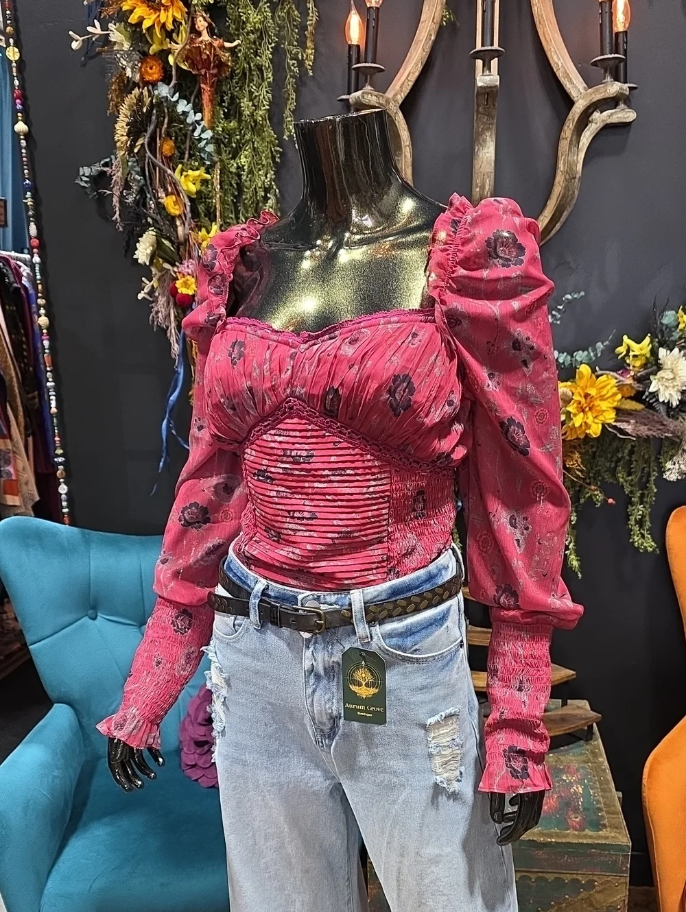 Free People Redish Pink  Floral Puff-Sleeve Smocked Bodysuit Blouse